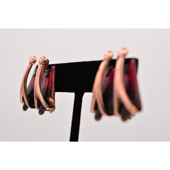 Matisse Renoir Vintage Copper Clip On Earrings Red Black Enamel Signed 60s BinZ - Picture 3 of 12